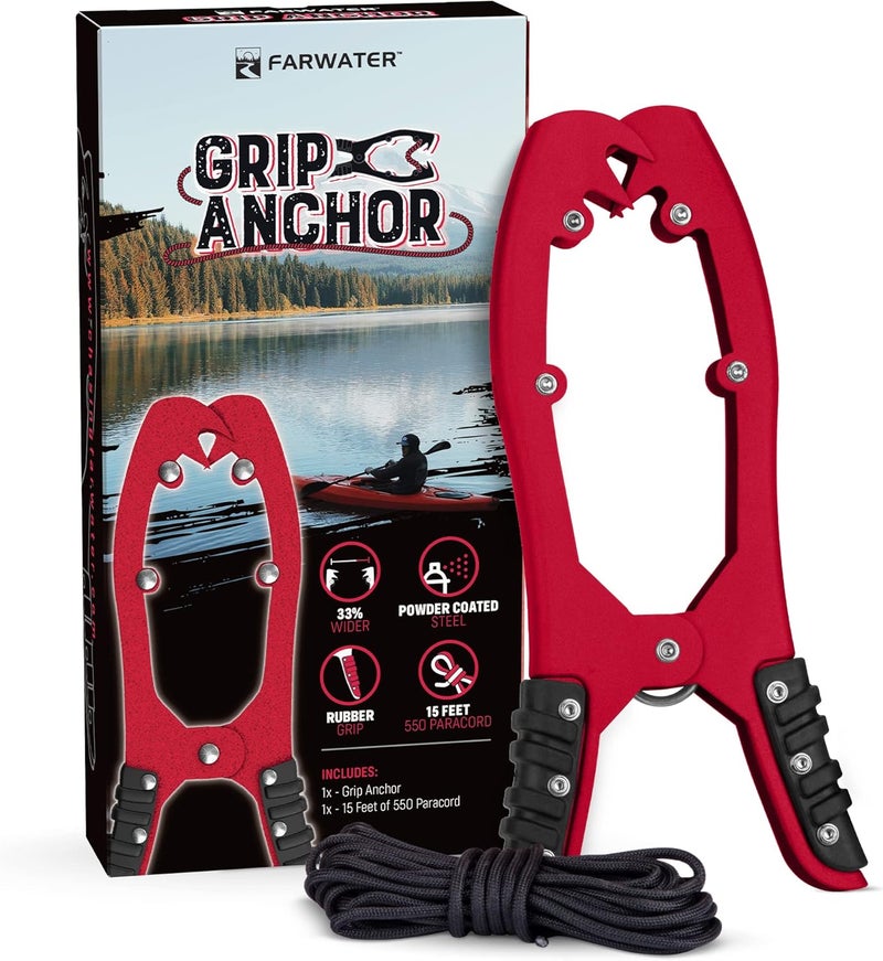 FARWATER Canoe Anchor Grip - Boat, Float Tube & Kayak Fishing Accessories, Kayaking Equipment - Brush Clamp Anchor with Teeth - Gripper with 15ft Paracord - Rubber Grips - Coated Steel - - Image 1